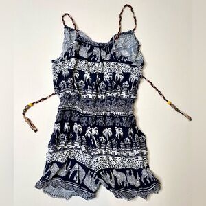 Navy Black and White elephant and palm tree Romper with Ruffled Tiers size S/M